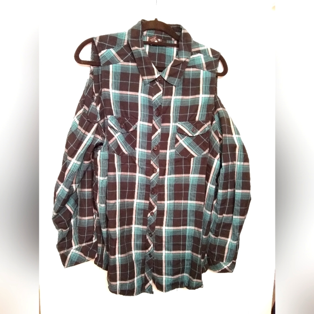 Torrid Size 3 Blue and Black Plaid Cold Shoulder Top